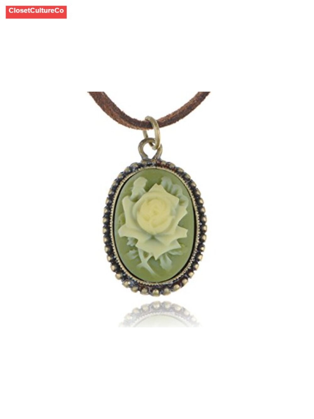 Vintage Faux Suede Enamel Rose Oval Pendant Necklace Adjustable Chain